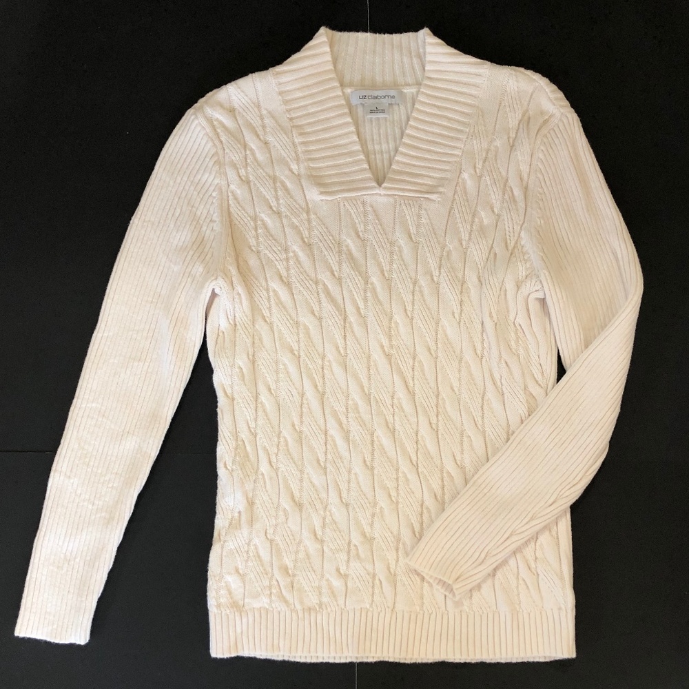 LizClaiborne Cable Knit V Neck Sweater Sz L Cream